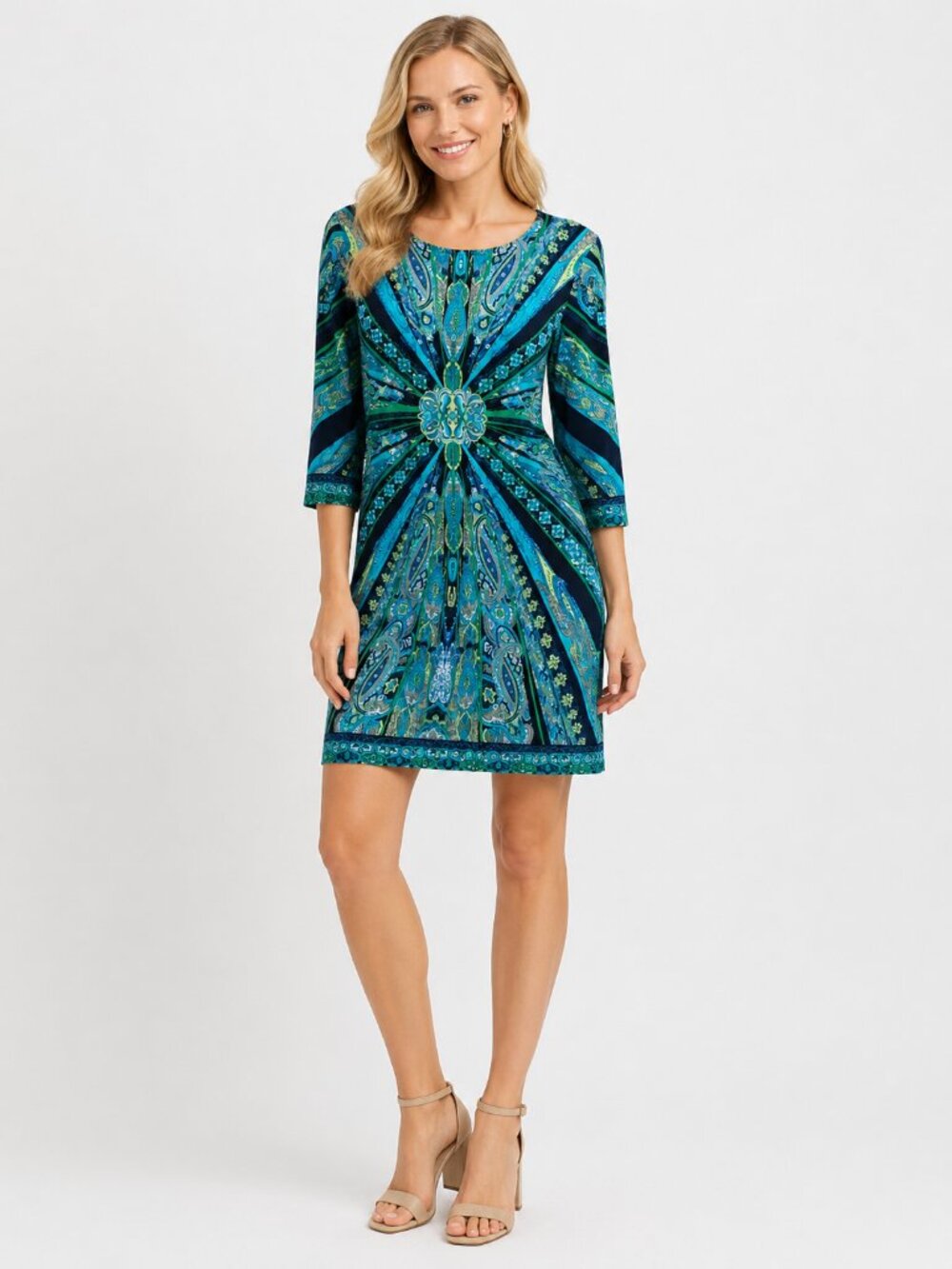 2/$30 Chico's Paisley Bandana Print Shift Dress 3/4 Sleeve Teal Multi 16 #A4254